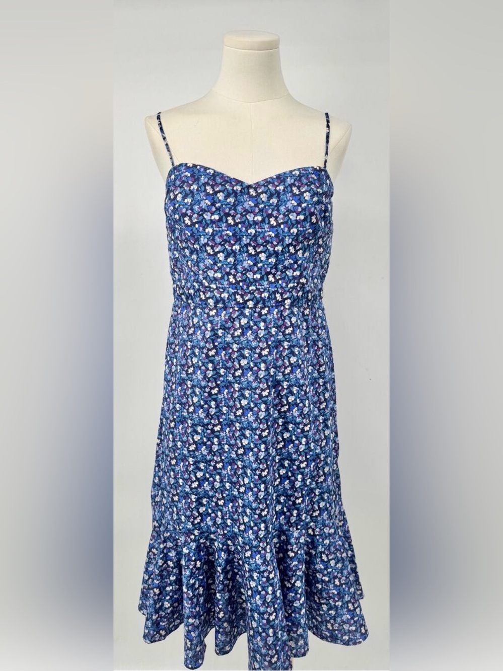 J Crew Liberty Blue Ditzy Floral Dress Spaghetti Strap Knee Length Ruffle 8
